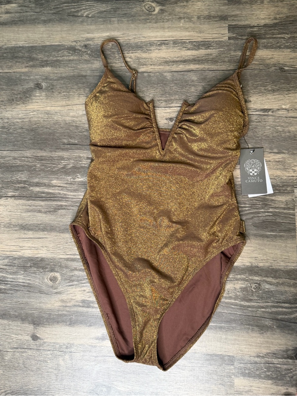 Vince Camuto Swimsuit 6 Bronze Metallic One Piece Plunge V Neck NWT $114